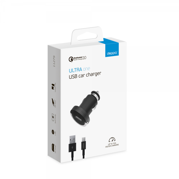 Автомобильное зарядное устройство для телефона Deppa Qualcomm Quick Charge 2.0 + кабель micro USB 2400 mA, (11279) черный